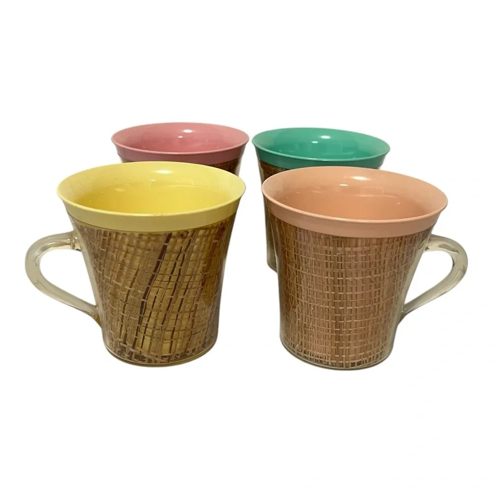 Vintage Melmac Burlap Insulated Mugs Raffia Ware Lightweight Coffee Mugs